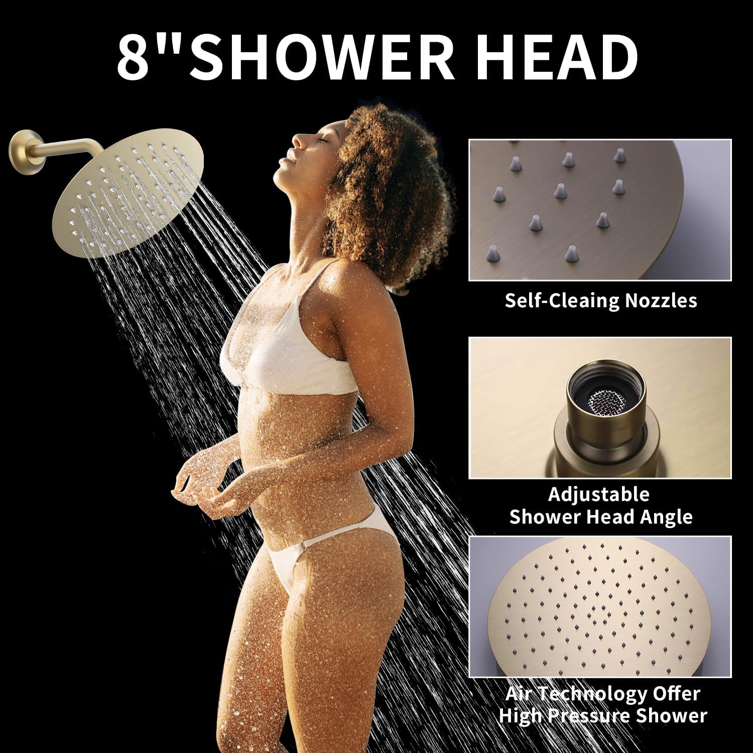 12Inch Brushed Gold Ceiling Shower System & 8Inch Wall-Mount Shower Faucet Set, 2 in 1 Handheld with Adjustable Slide Bar Included Temperature Display Valve and Trim Kit Can Work At Once